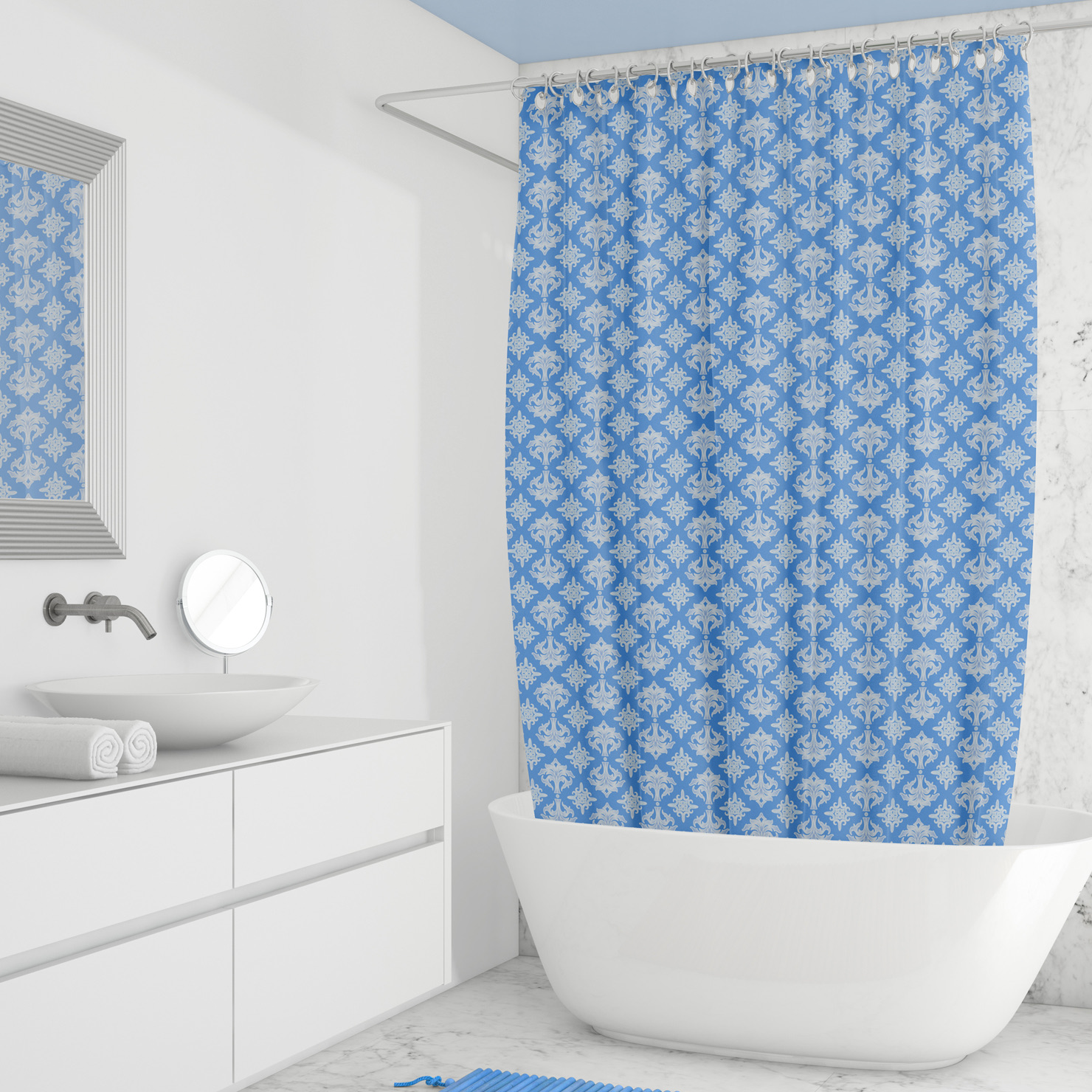 Blue and White Damask shower curtain Gingezel Zazzle copy-squashed